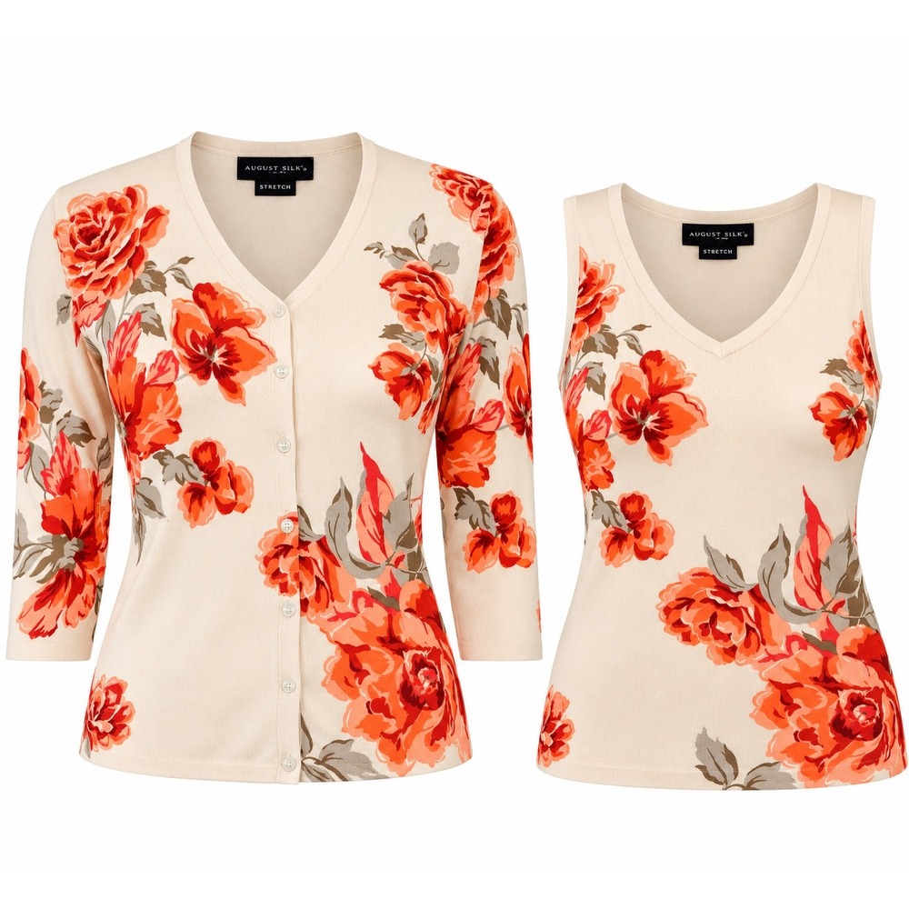 August Silk Petite Women PS Ivory Orange Floral Cardigan Tank Twinset Silk Blend